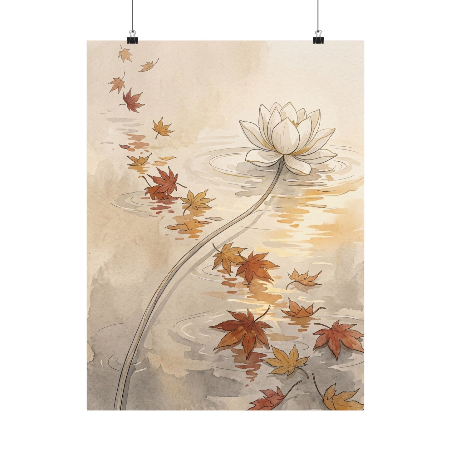 Japandi Lotus Flower in Golden Hour | Minimal Line Wall Art Print