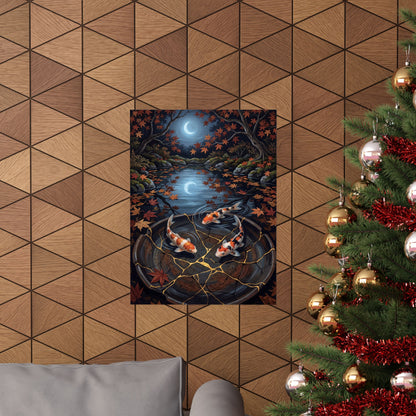 Kintsugi Koi Pond in Moonlight | Gold Repair Wall Art Print