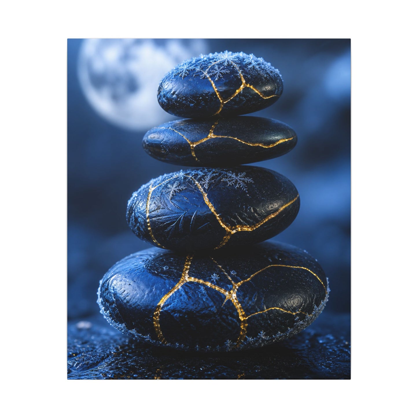 River Stones Canvas Art | Winter Kintsugi Gold Repair Art