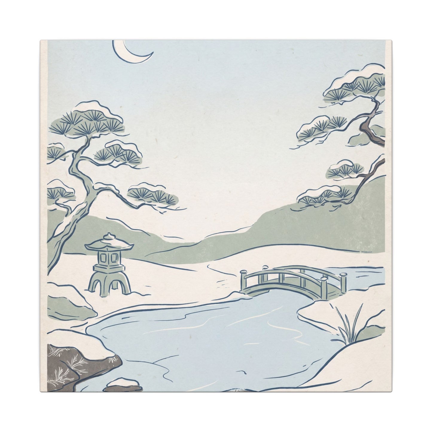 Japandi Moonlit Garden in Moonlight | Minimal Line Canvas Art