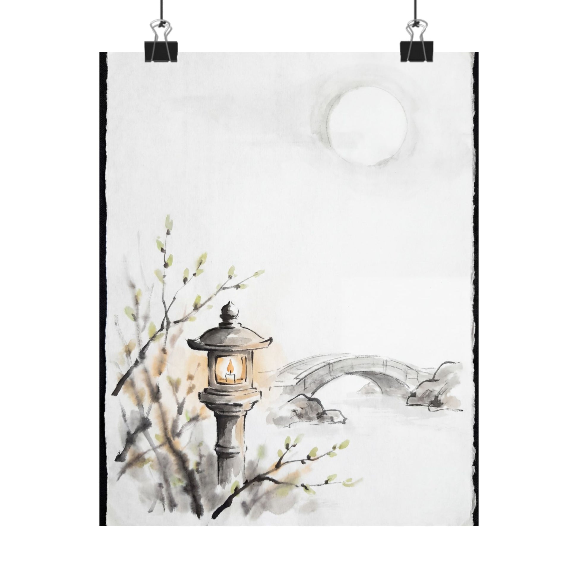 Spring Moonlit Garden Sumi E Wall Art Print | Calm Decor Art Print