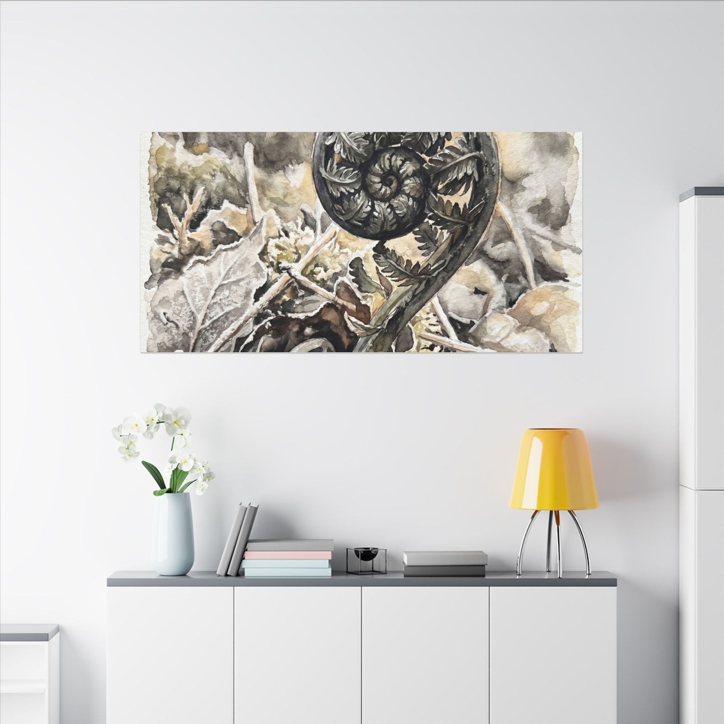 Japandi Fern Unfurling in Golden Hour | Watercolor Canvas Art