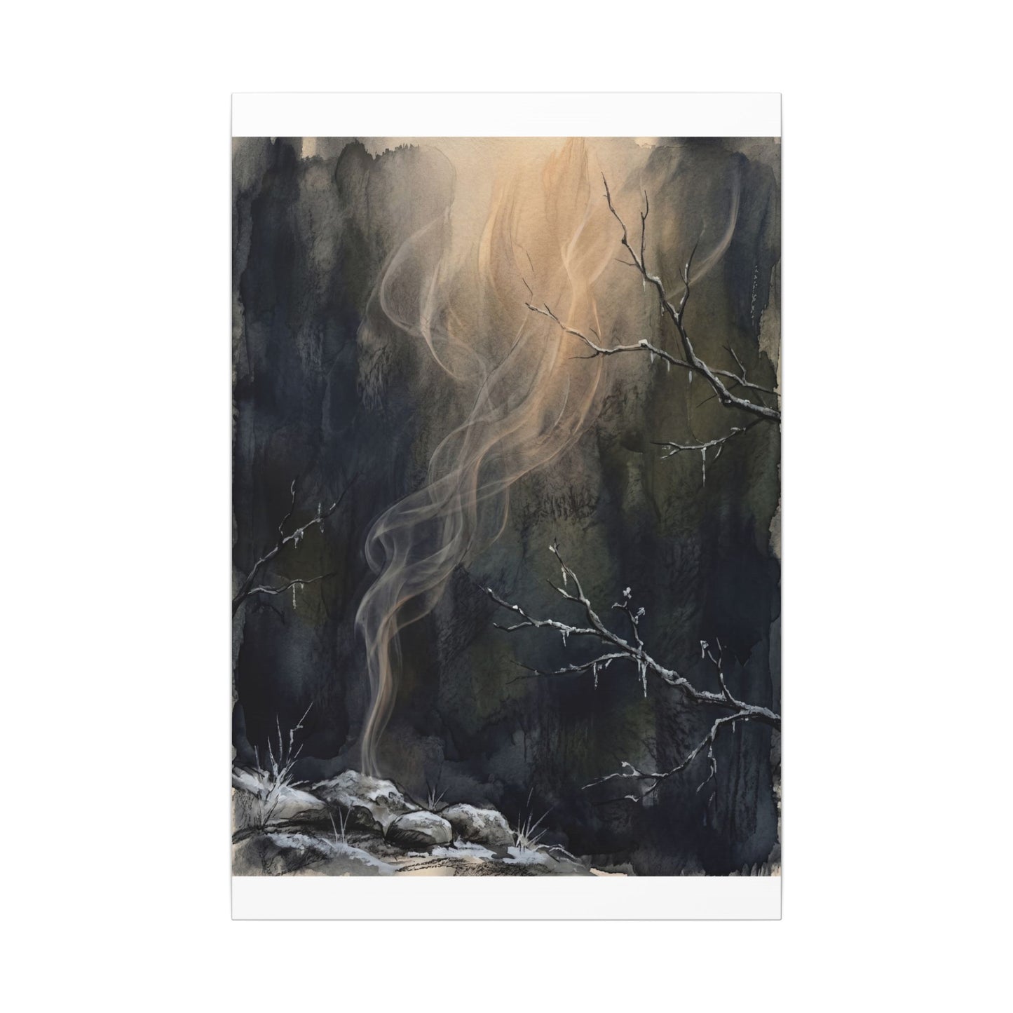 Incense Smoke Winter Canvas Art | Dark Japandi Moody Design