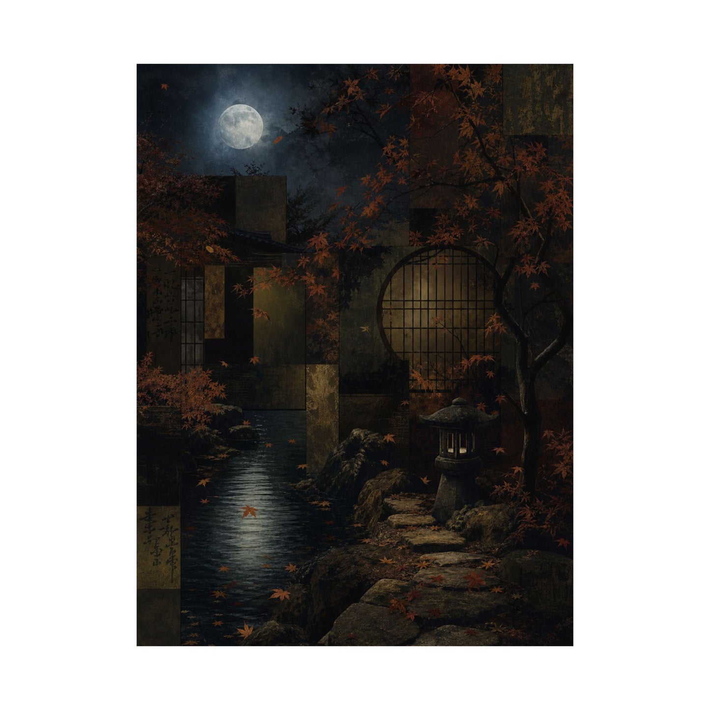 Moonlit Garden Shadow Zen Wall Art Print | Moody Dark Japandi Art