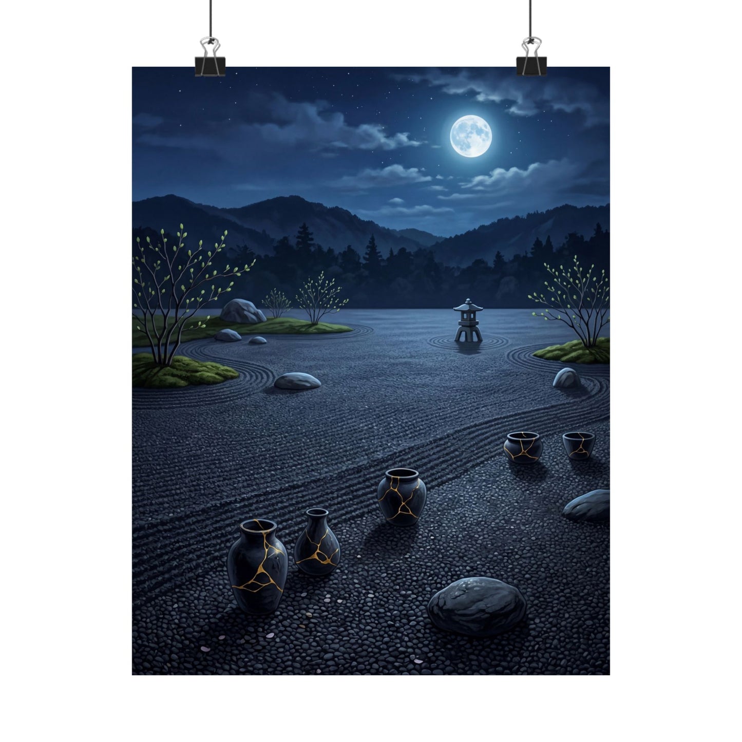 Moonlit Garden Wall Art Print | Spring Kintsugi Gold Repair Art