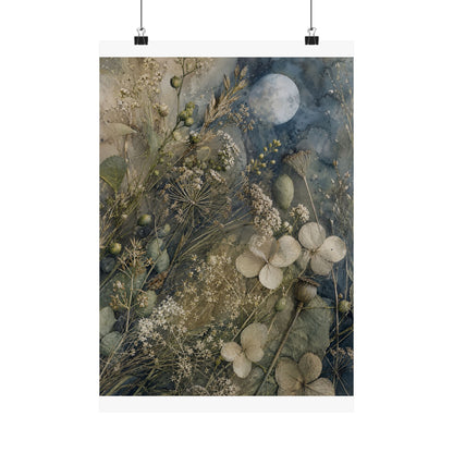 Japandi Dried Flowers in Moonlight | Watercolor Wall Art Print