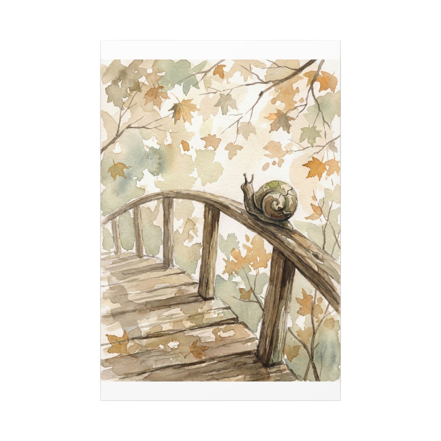 Wooden Bridge Canvas Art | Autumn Japandi Watercolor Art
