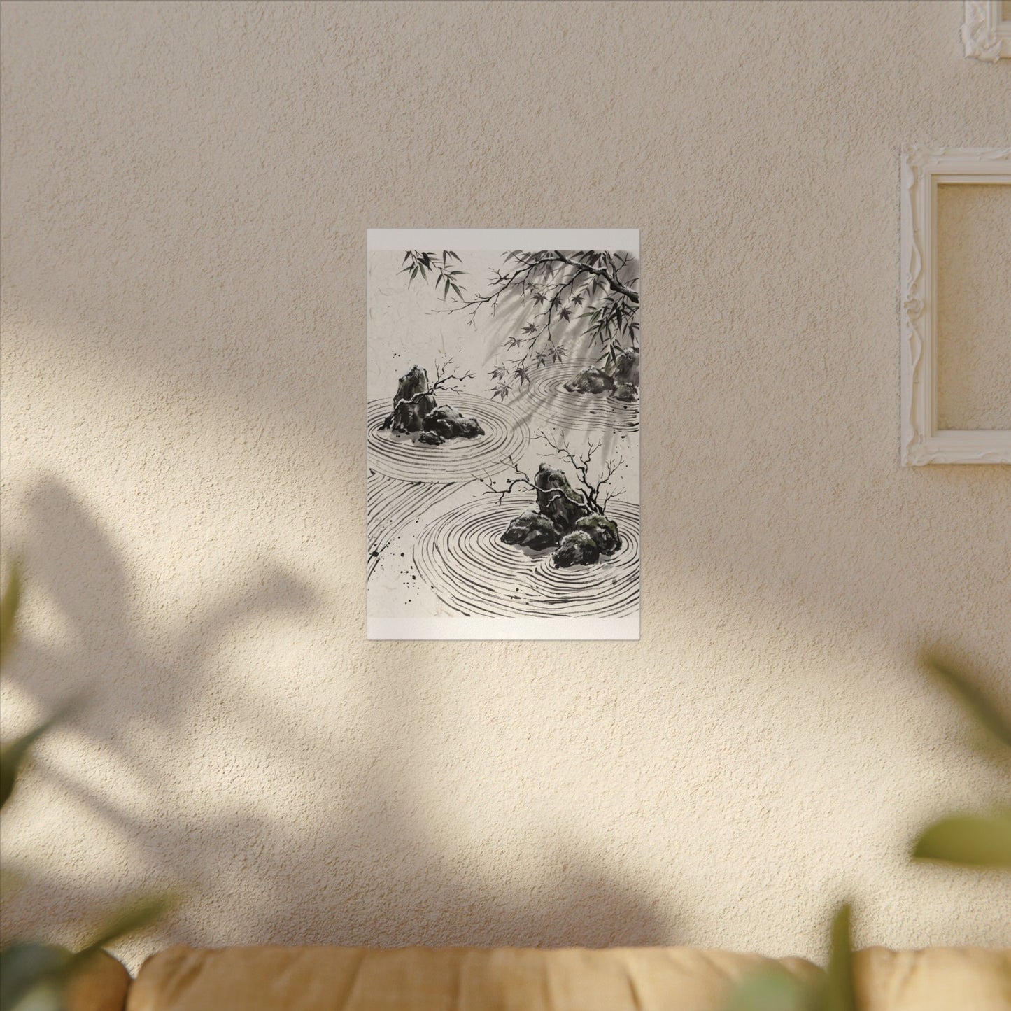 Rock Garden Canvas Art | Winter Zen Sumi E Art