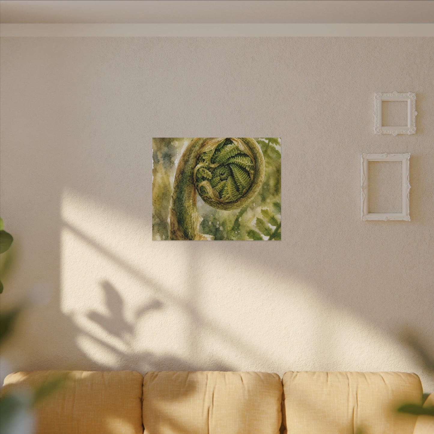 Japandi Fern Unfurling in Dappled | Watercolor Canvas Art