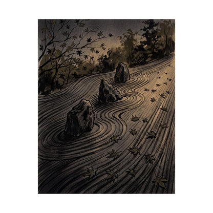 Rock Garden Autumn Wall Art Print | Dark Japandi Sophisticated Design