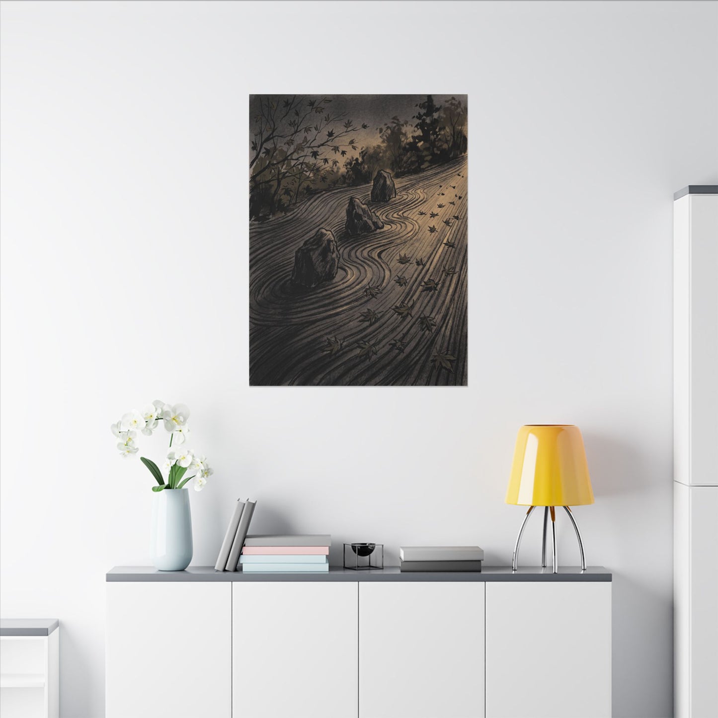 Rock Garden Canvas Art | Autumn Dark Japandi Charcoal Ink Art