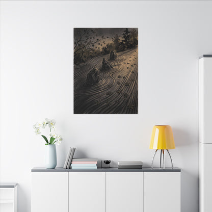 Rock Garden Canvas Art | Autumn Dark Japandi Charcoal Ink Art