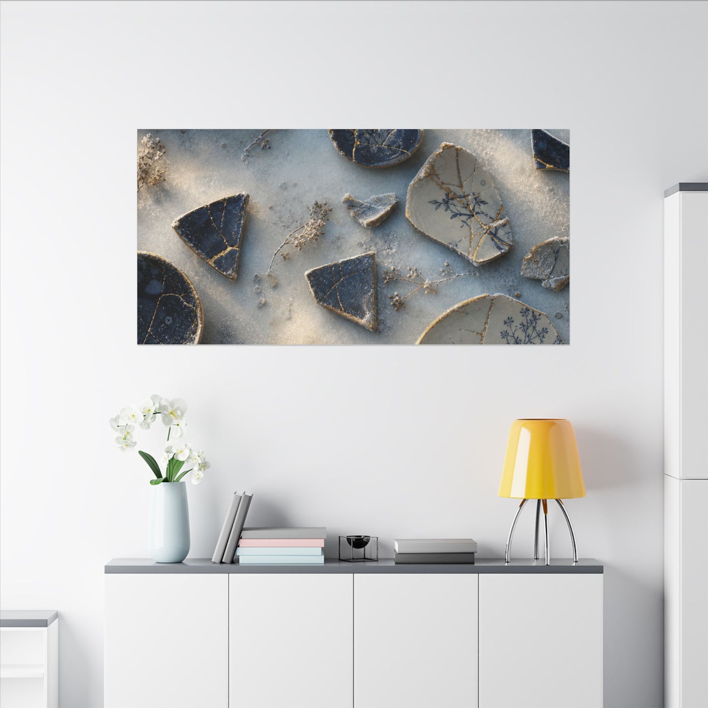 Broken Pottery Canvas Art | Winter Kintsugi Gold Vein Art