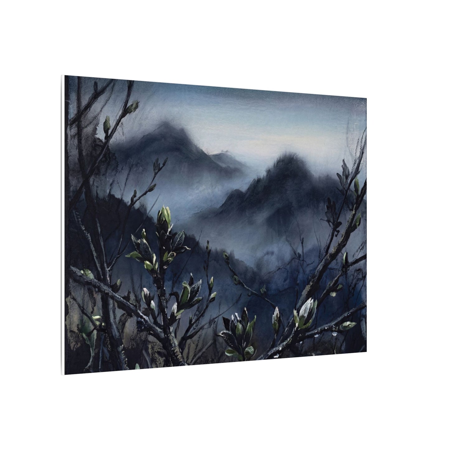 Mountain Mist Spring Canvas Art | Dark Japandi Atmospheric Design