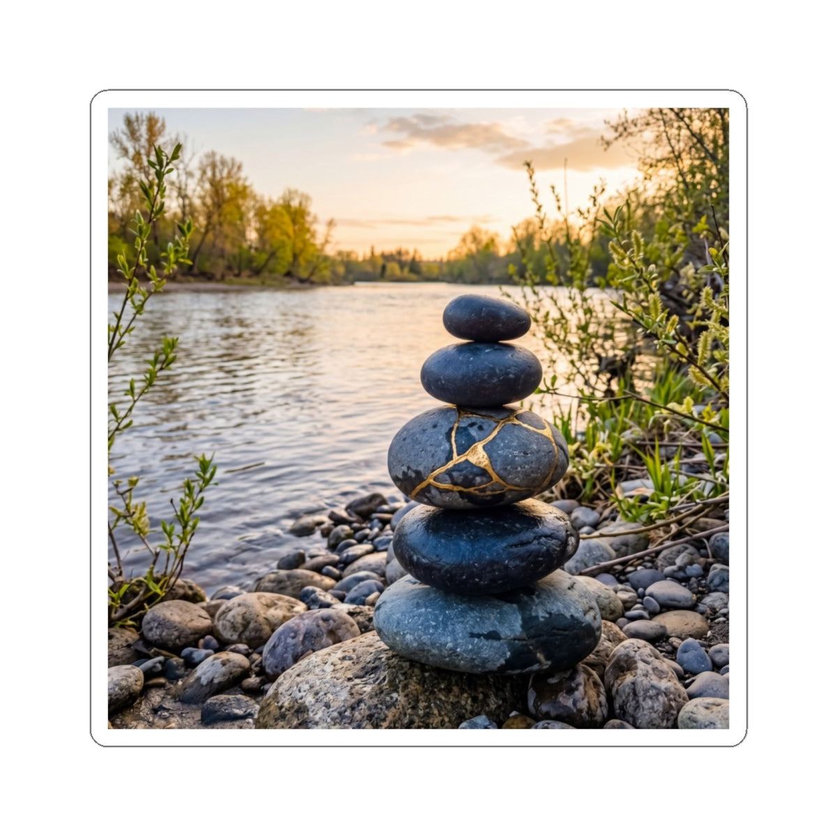 Kintsugi River Stones in Golden Hour | Gold Vein Sticker