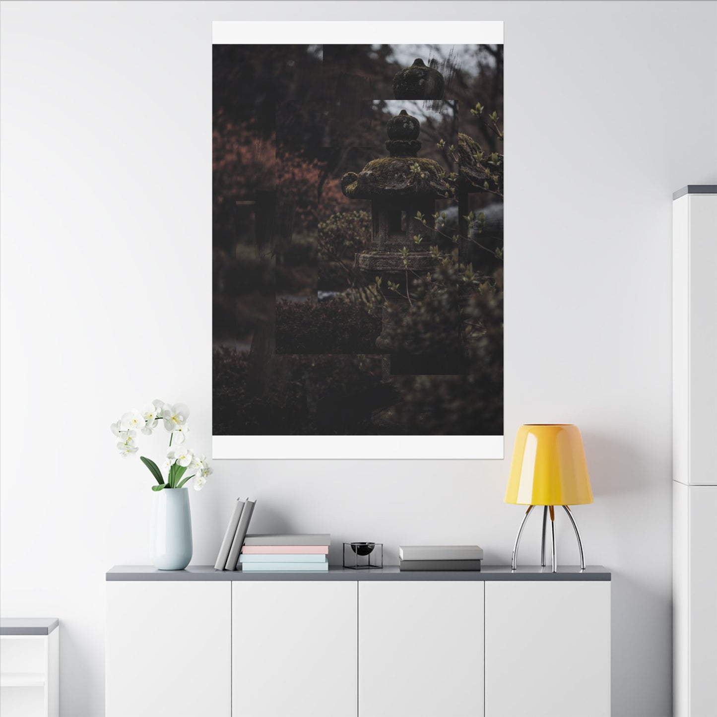 Stone Lantern Spring Canvas Art | Dark Japandi Bold Design