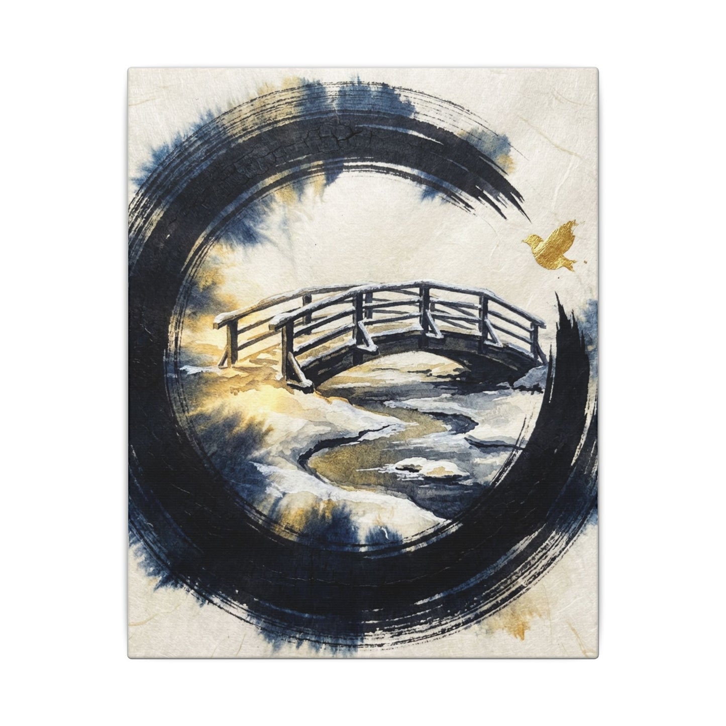 Winter Wooden Bridge Enso Canvas Art | Serene Decor