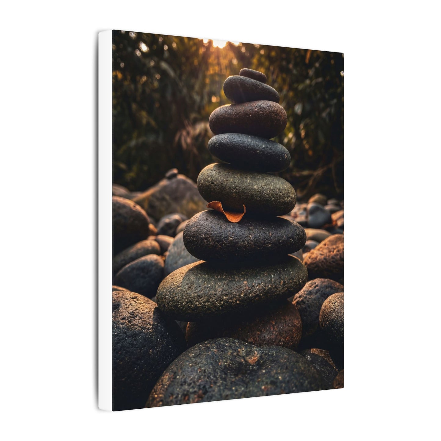 Dark Japandi River Stones in Golden Hour | Moody Minimal Canvas Art