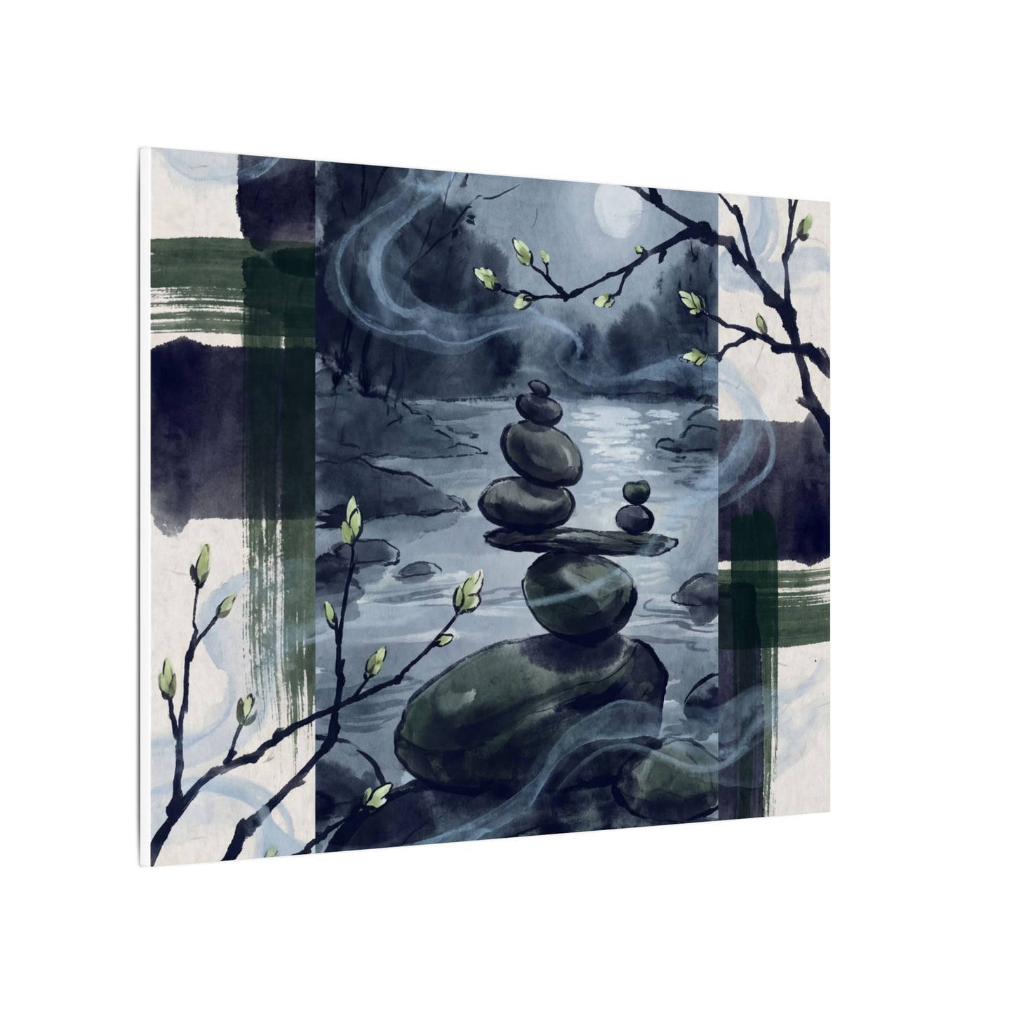 Moonlight River Stones Canvas Art - Zen Shibui
