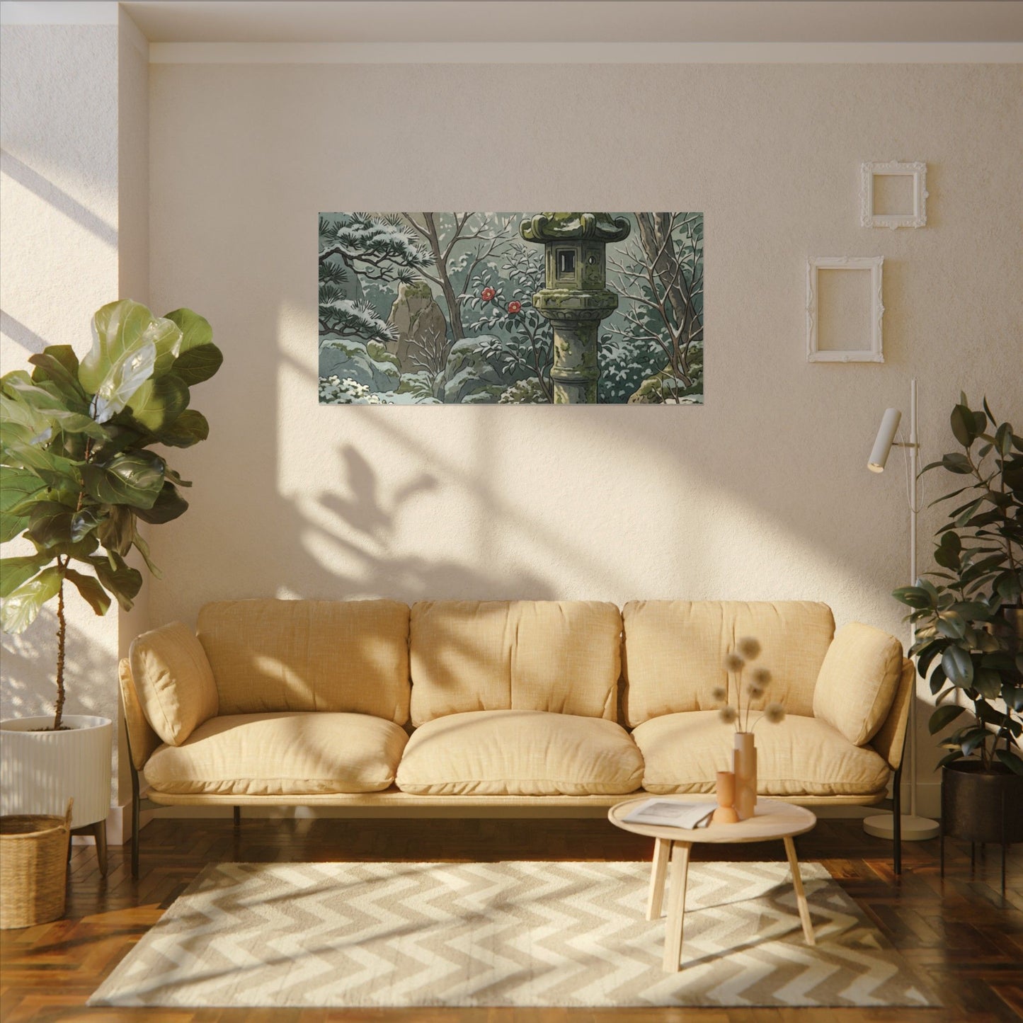 Stone Lantern Winter Canvas Art | Japandi Warm Design