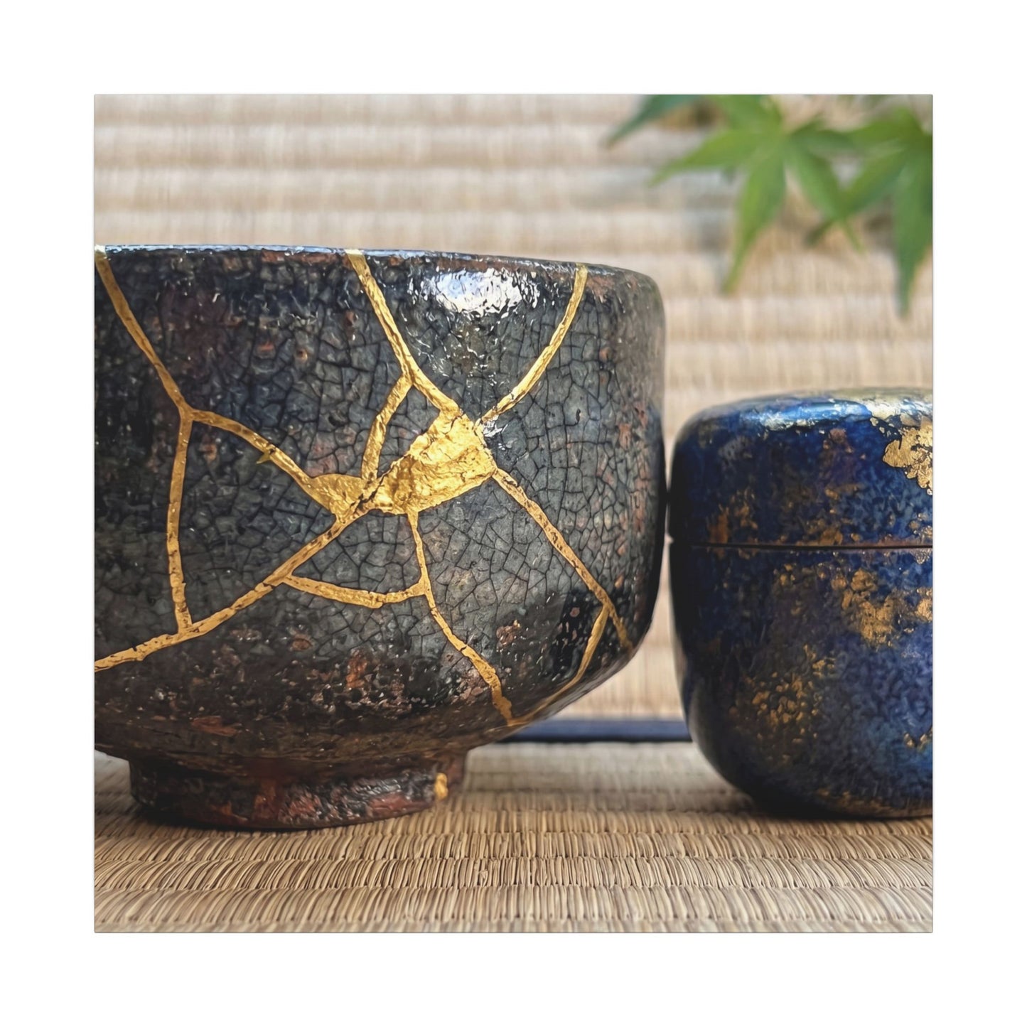 Tea Ceremony Crackle Gold Canvas Art | Philosophical Kintsugi Art
