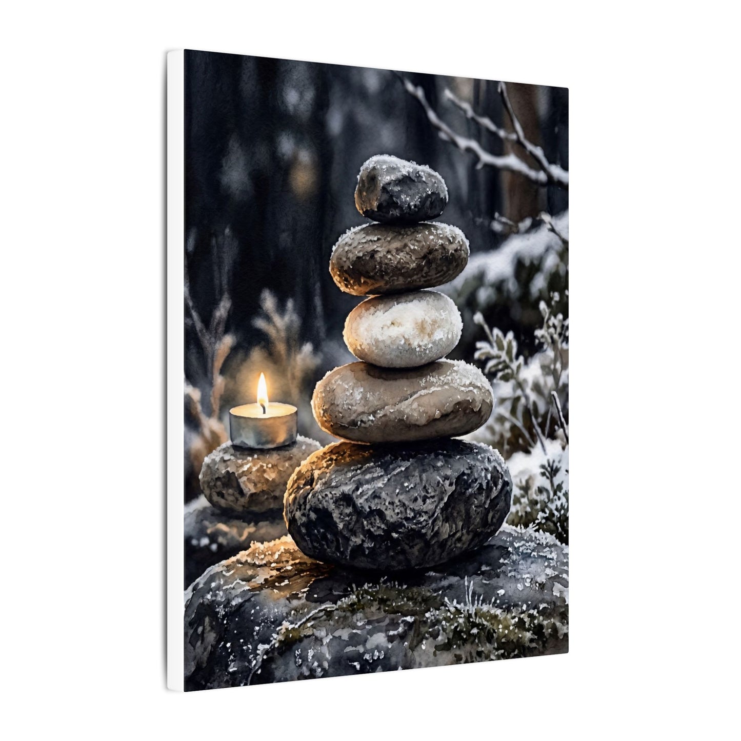 River Stones Canvas Art | Winter Japandi Watercolor Art