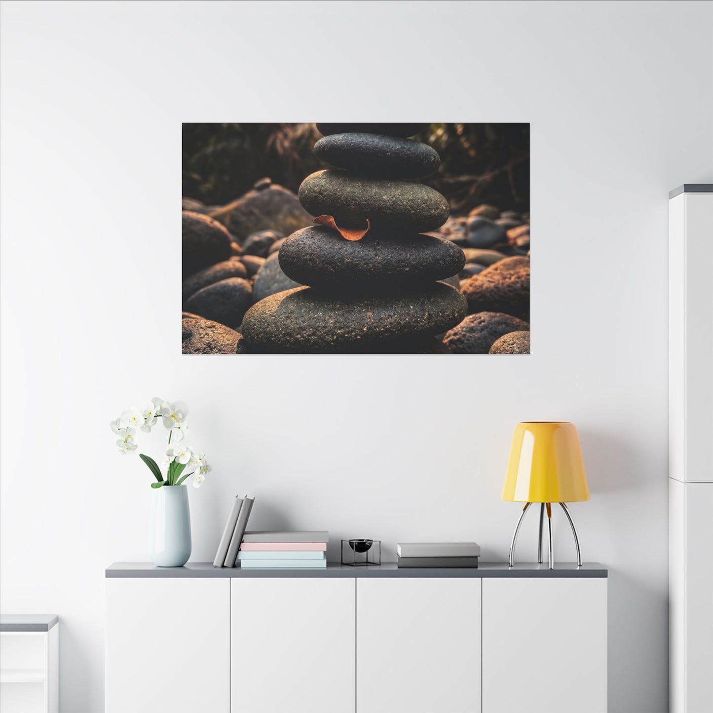 Dark Japandi River Stones in Golden Hour | Moody Minimal Canvas Art