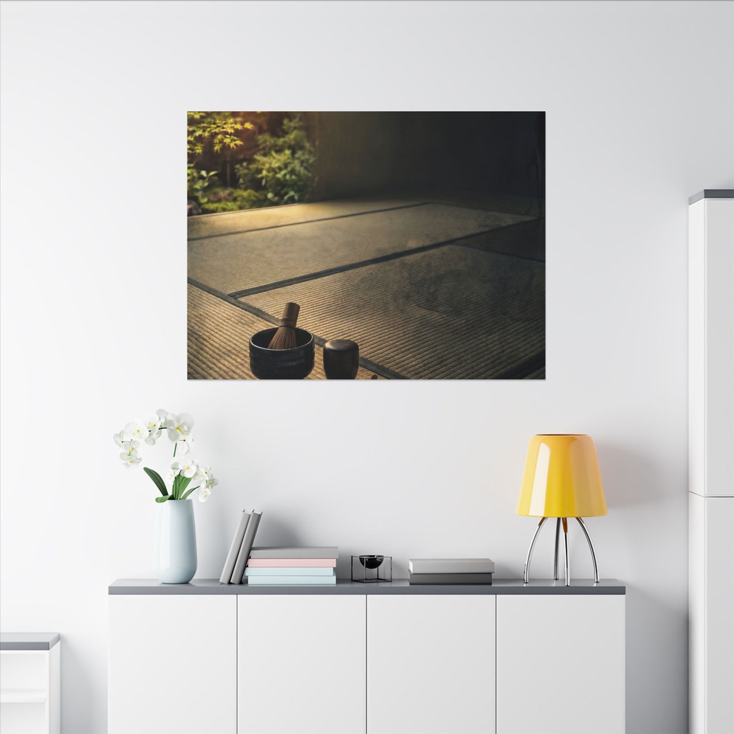 Dark Japandi Tea Ceremony in Golden Hour | Dark Texture Canvas Art
