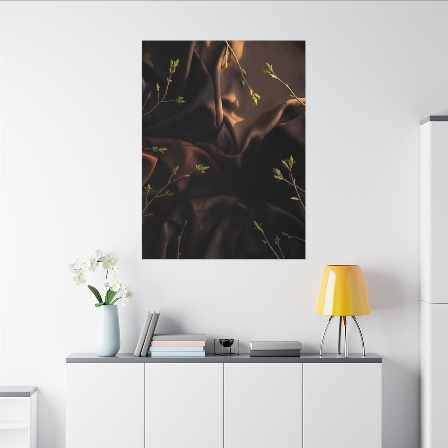 Dark Japandi Silk Drape in Golden Hour | Moody Minimal Canvas Art