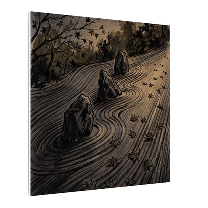 Rock Garden Canvas Art | Autumn Dark Japandi Charcoal Ink Art