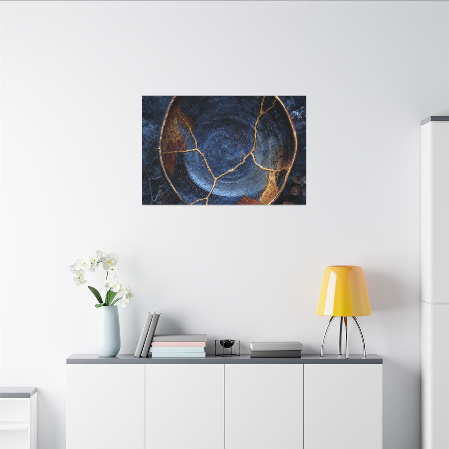 Kintsugi Ceramic Bowl in Moonlight | Crackle Gold Canvas Art