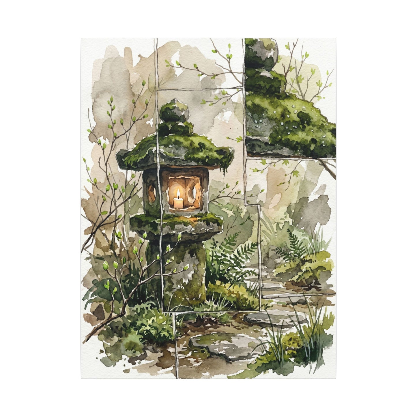 Stone Lantern Watercolor Canvas Art | Elegant Japandi Art