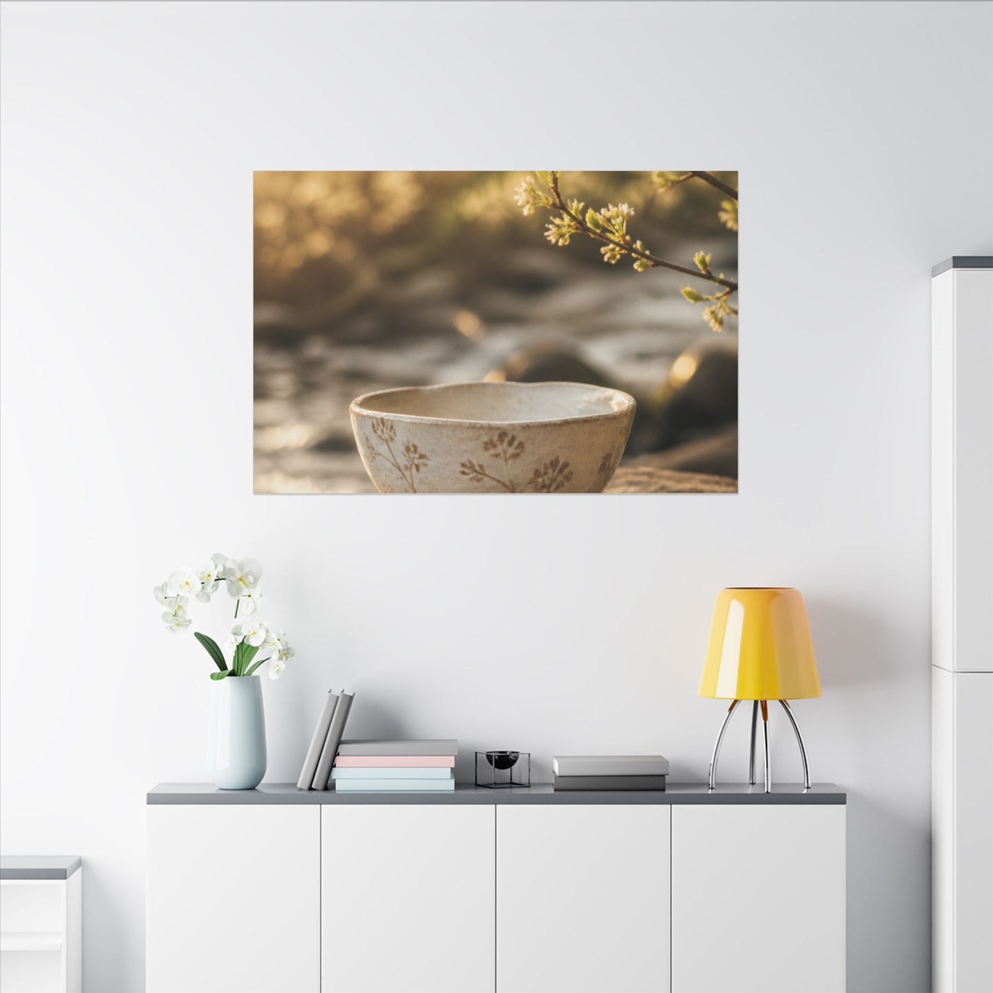 Neutral Ceramic Bowl Canvas Art - Japanese Pattern Japandi