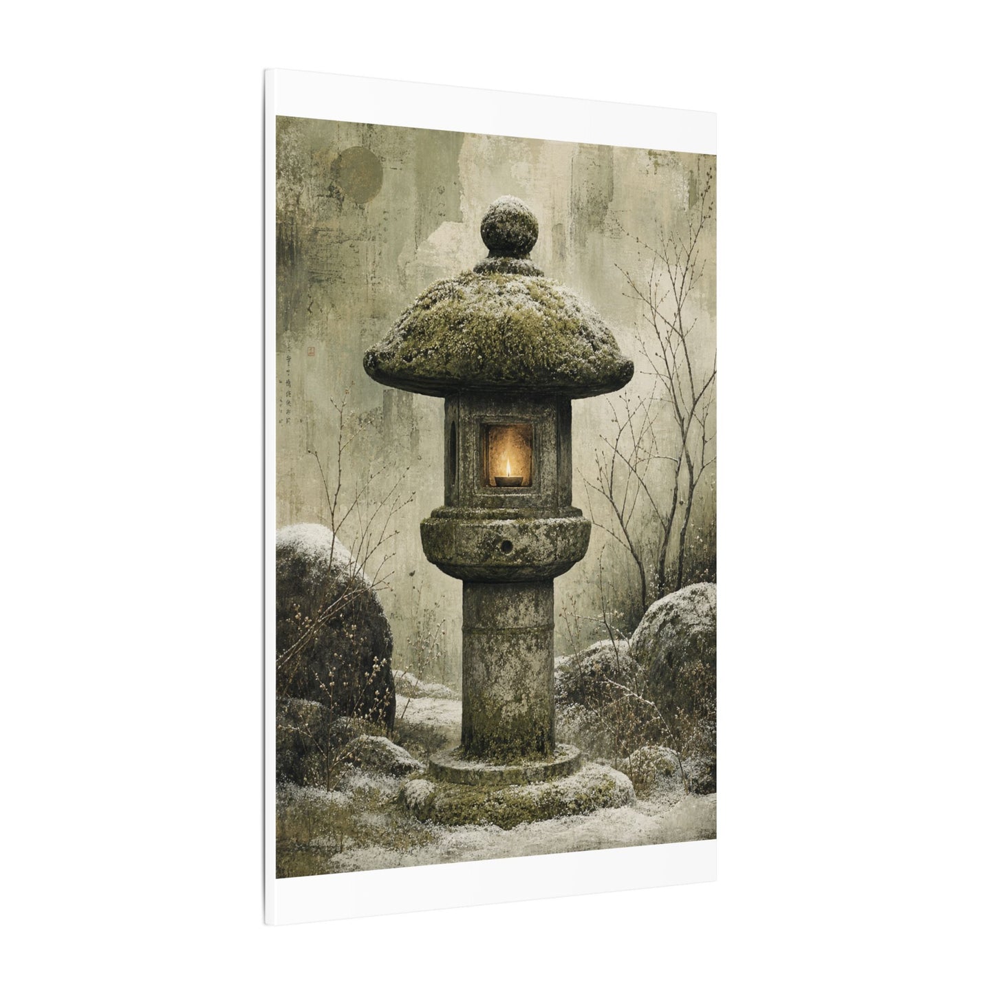 Stone Lantern Winter Canvas Art | Japandi Neutral Design