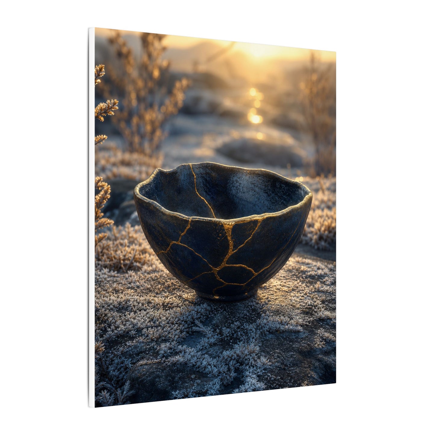 Ceramic Bowl Canvas Art | Winter Kintsugi Gold Repair Art