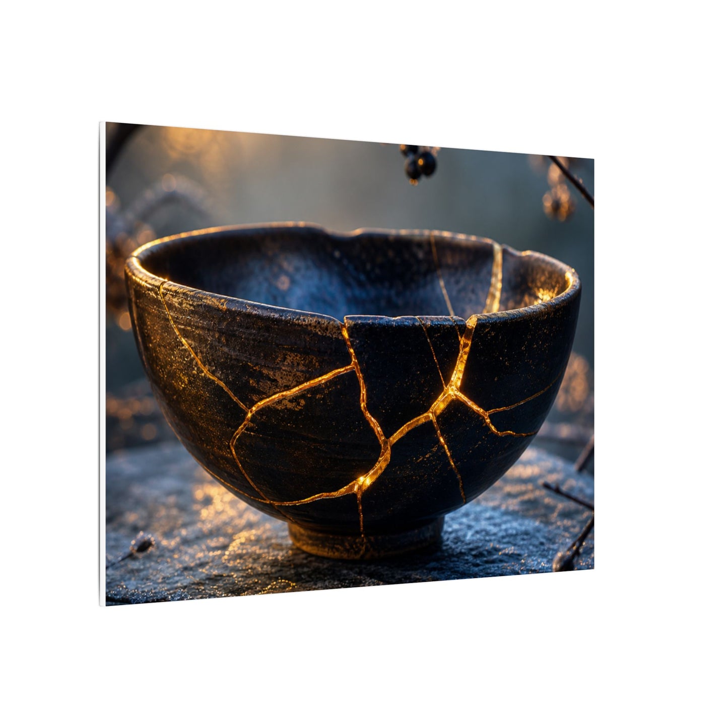 Ceramic Bowl Canvas Art | Winter Kintsugi Gold Repair Art