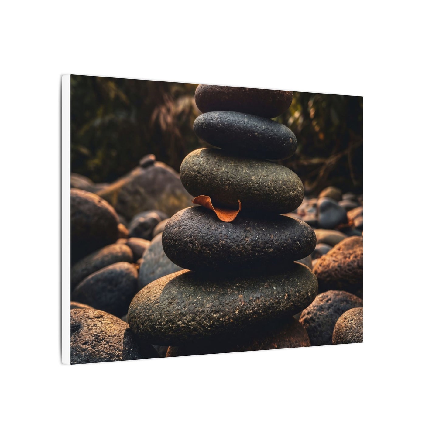 Dark Japandi River Stones in Golden Hour | Moody Minimal Canvas Art