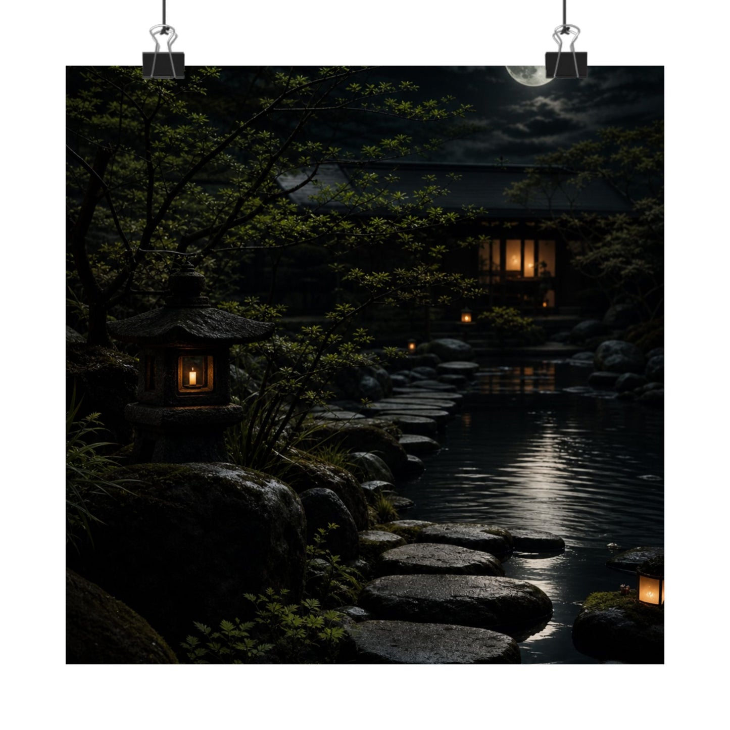 Ma Moonlit Garden Wall Art Print - Dark Japandi Shadow Zen
