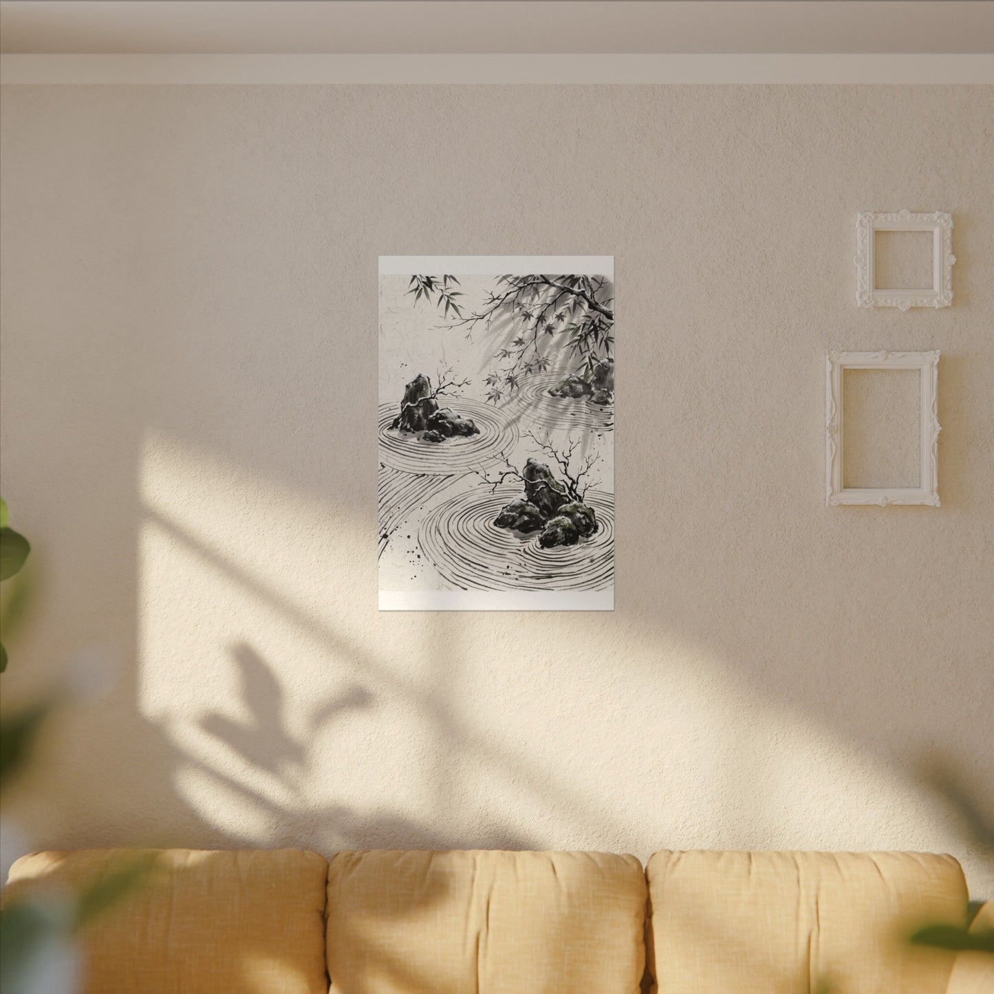 Rock Garden Canvas Art | Winter Zen Sumi E Art