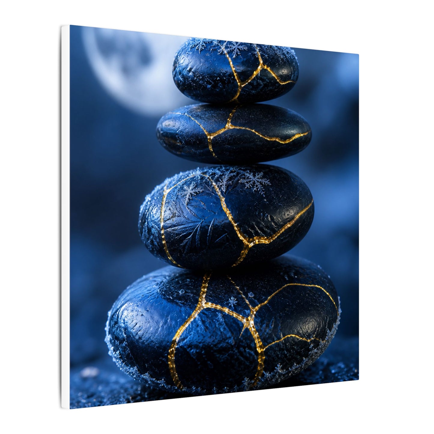 River Stones Canvas Art | Winter Kintsugi Gold Repair Art