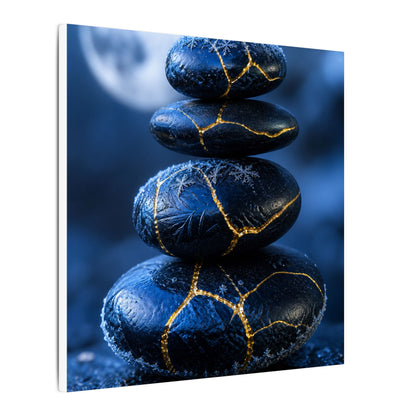 River Stones Canvas Art | Winter Kintsugi Gold Repair Art