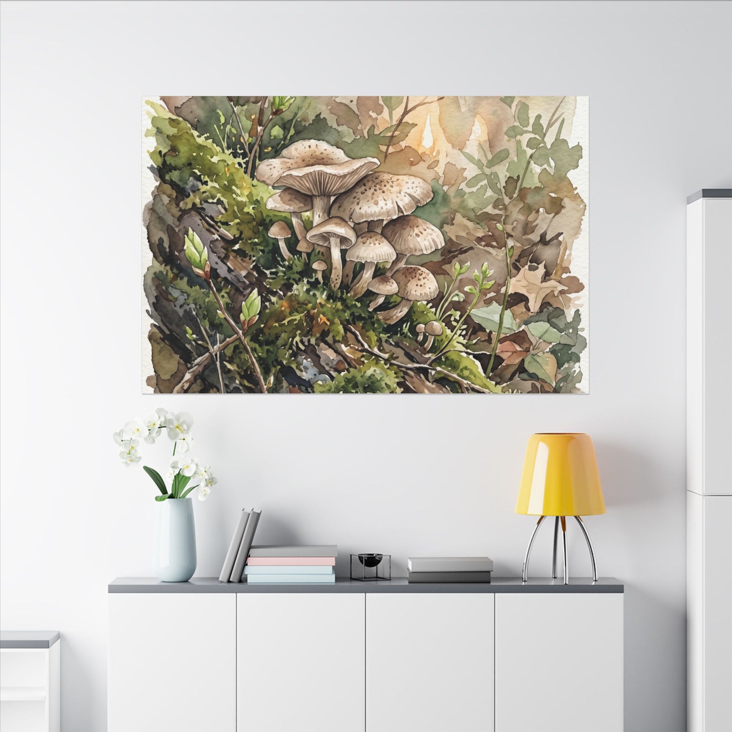 Wild Mushrooms Canvas Art | Spring Japandi Watercolor Art