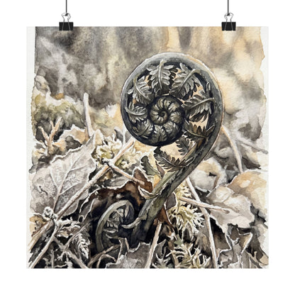 Japandi Fern Unfurling in Golden Hour | Watercolor Wall Art Print
