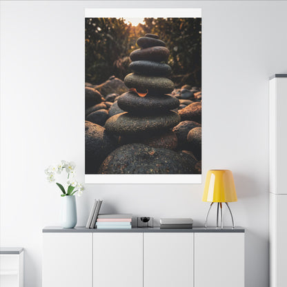 Dark Japandi River Stones in Golden Hour | Moody Minimal Canvas Art