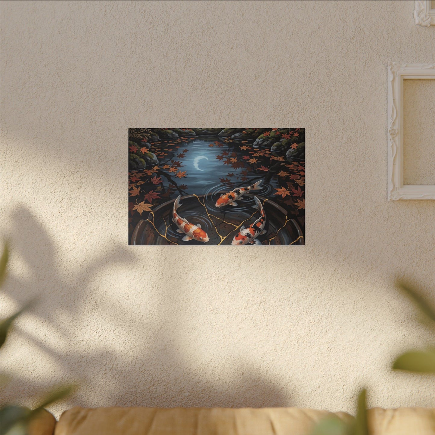 Koi Pond Canvas Art | Autumn Kintsugi Gold Repair Art