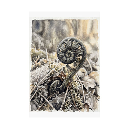 Japandi Fern Unfurling in Golden Hour | Watercolor Wall Art Print