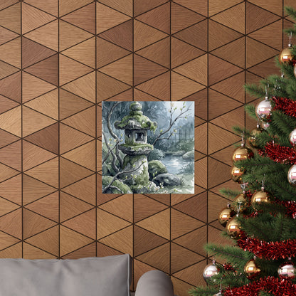 Japandi Stone Lantern in Moonlight | Watercolor Wall Art Print