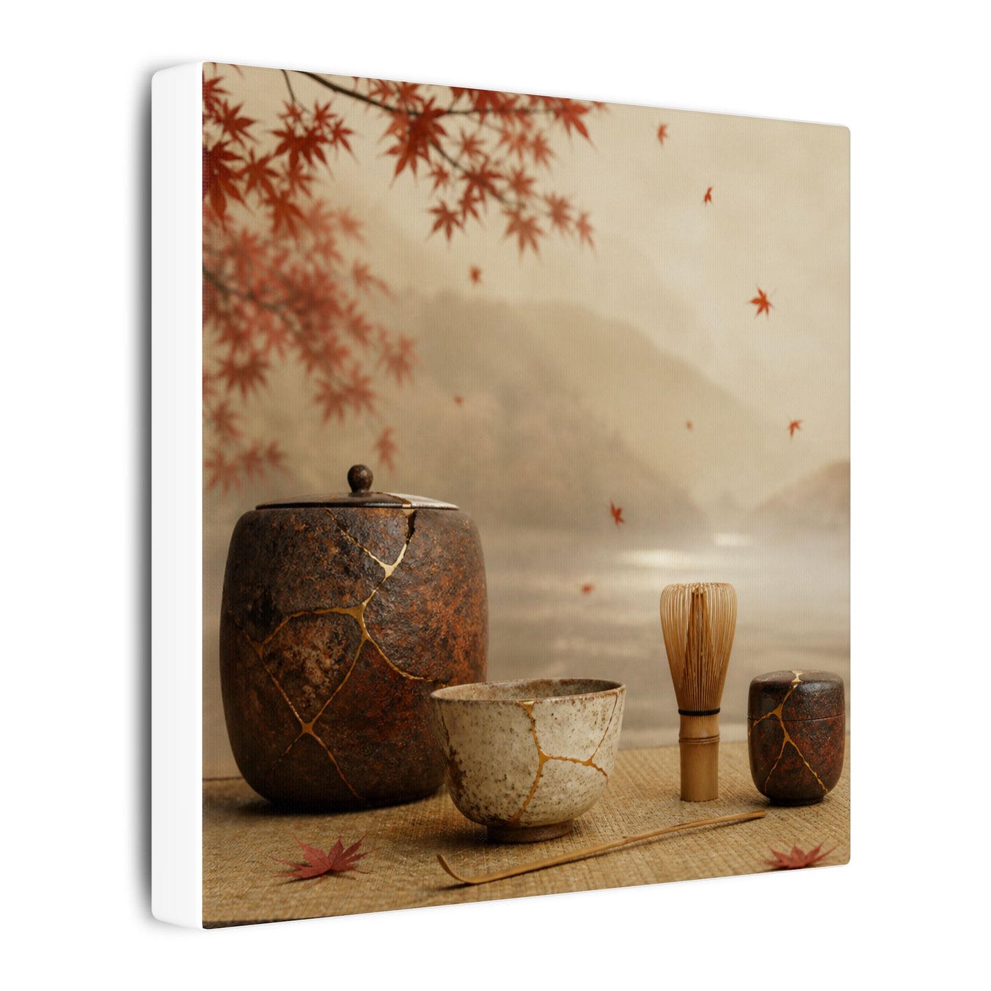 Tea Ceremony Canvas Art | Autumn Kintsugi Gold Vein Art