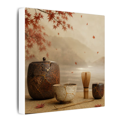 Tea Ceremony Canvas Art | Autumn Kintsugi Gold Vein Art
