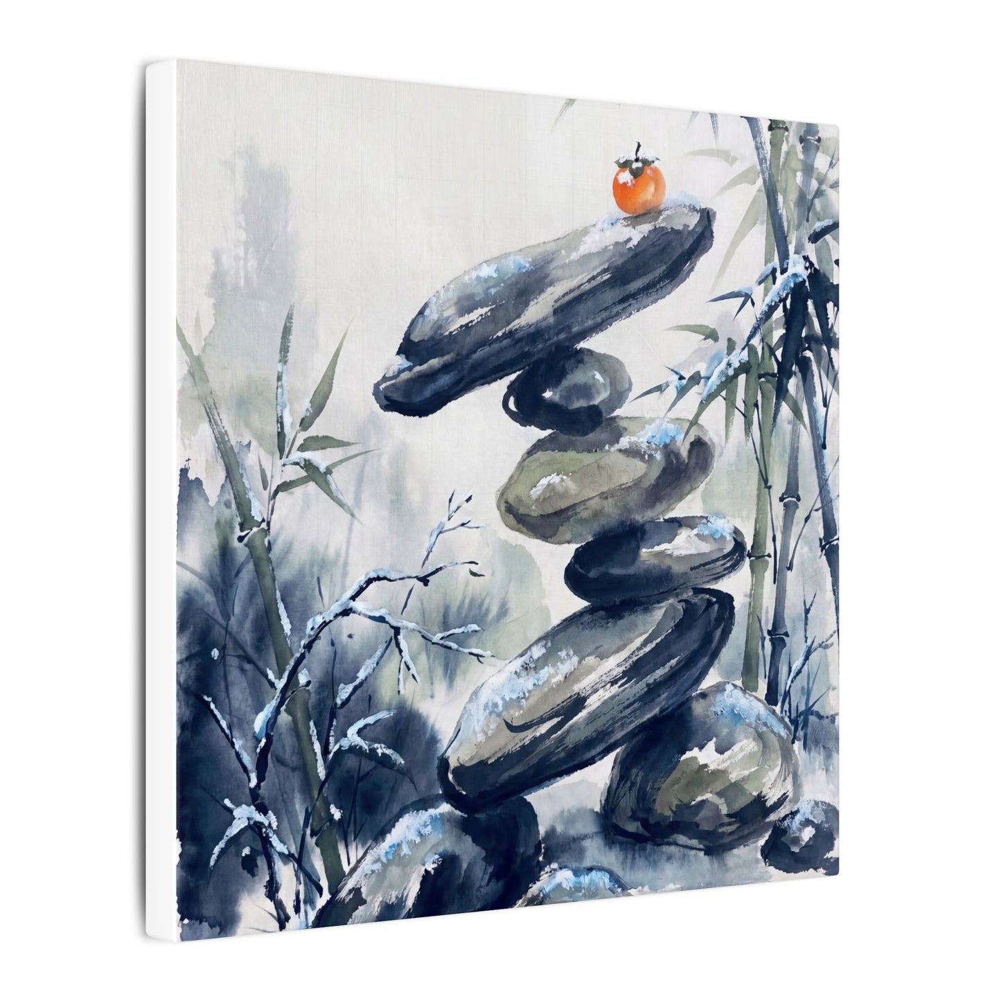 Zen River Stones in Moonlight | Sumi E Canvas Art